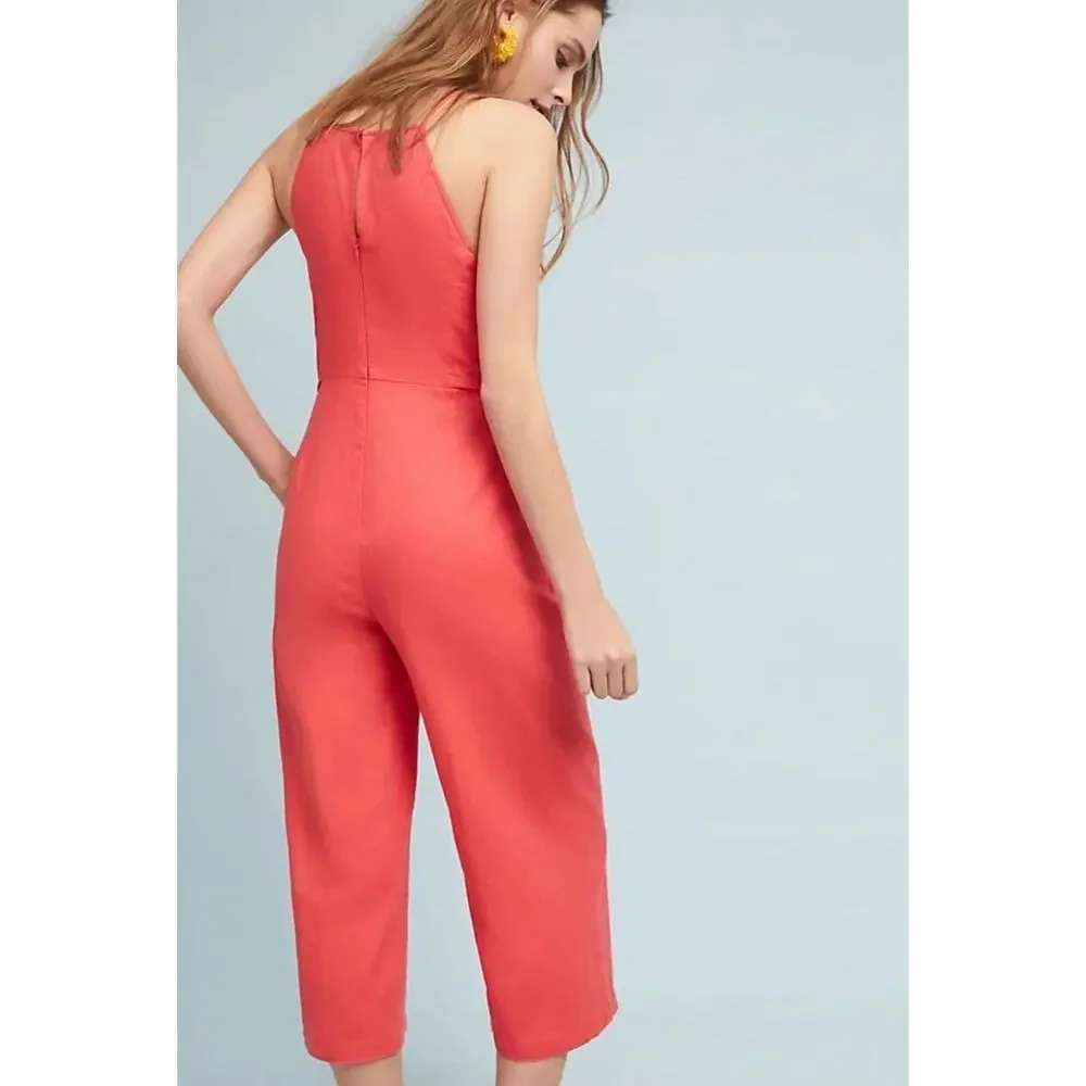 Anthropologie Greylin Linen Wide Keg Cropped Jumpsuit Size XS Petite Coral